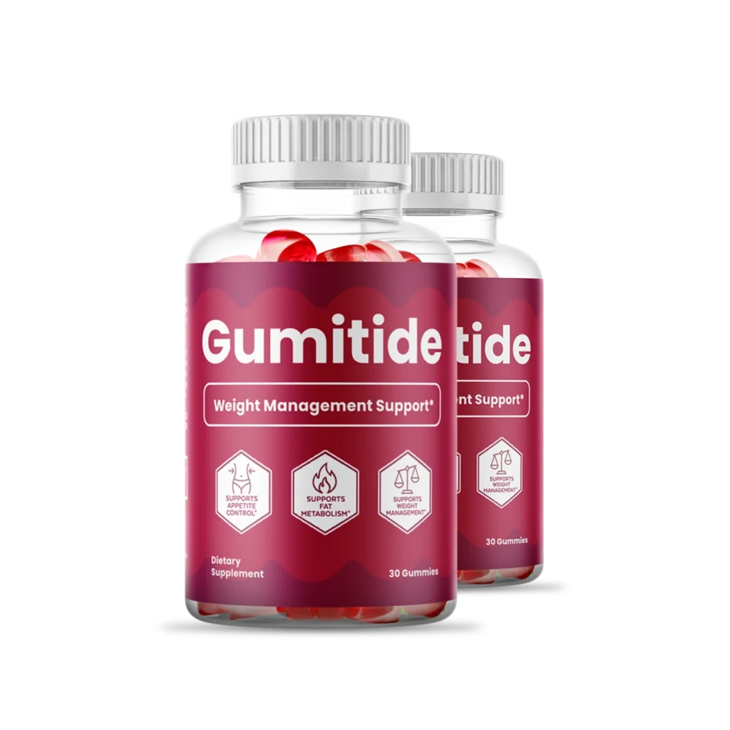 Two Gumitide bottles showing the chewable gummy supplement for weight management support and appetite control.