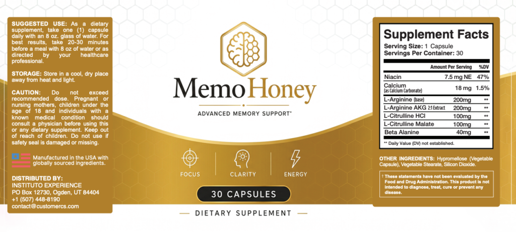 MemoHoney Supplement Facts label with ingredients and serving information