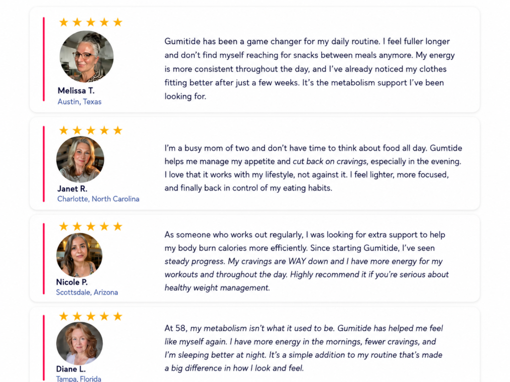Gumitide customer reviews image showing user testimonials about appetite control, energy, cravings, and weight management support.