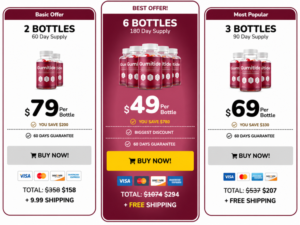 Gumitide bottles with satisfaction guarantee seal encouraging visitors to order from the official website.