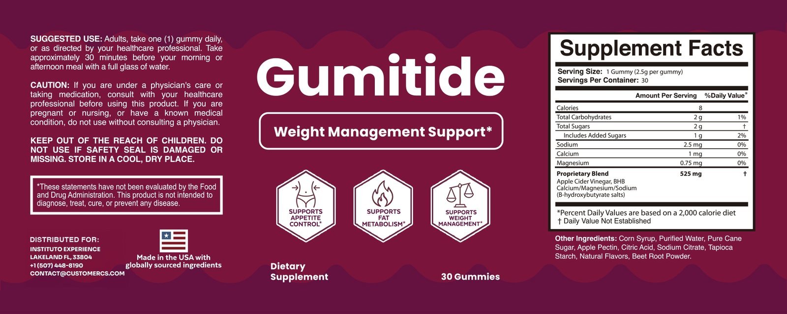 Gumitide supplement facts label showing suggested use, ingredients, serving size, and product information.