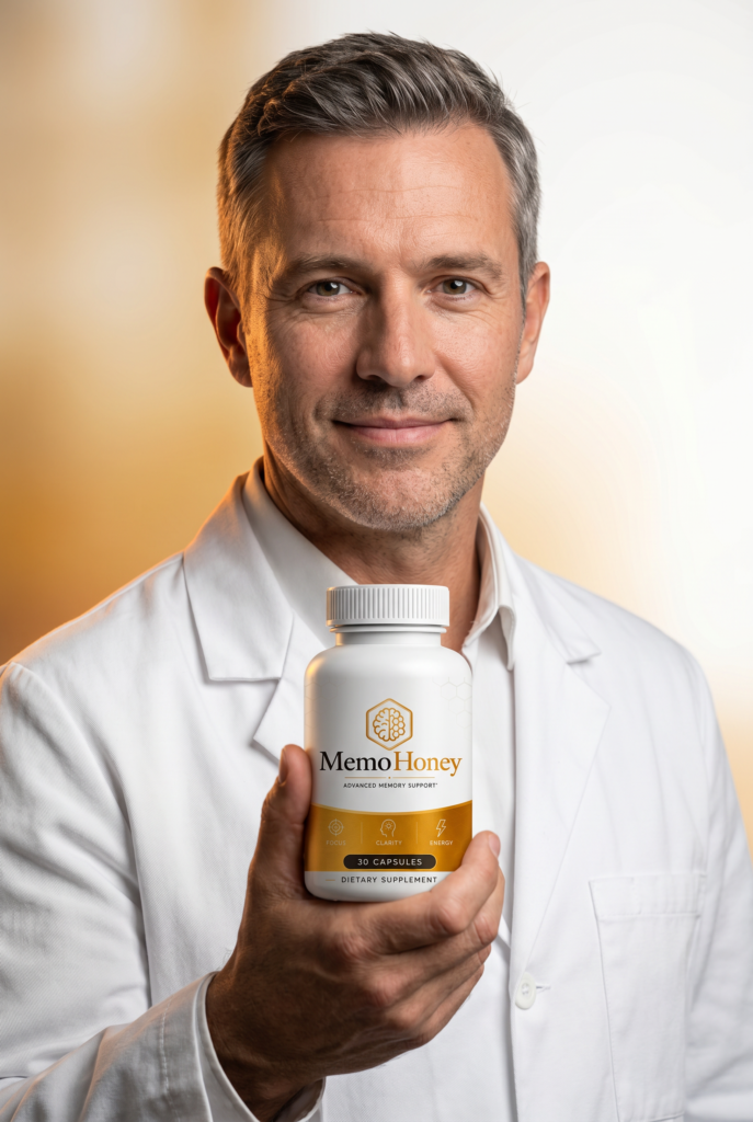 Man holding a bottle of MemoHoney brain health support supplement